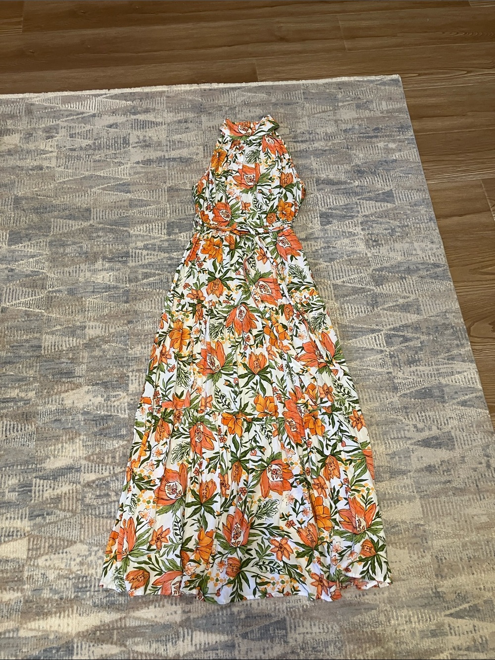 Petal & Pup Orange Floral Halter Maxi Dress with Green Leaves